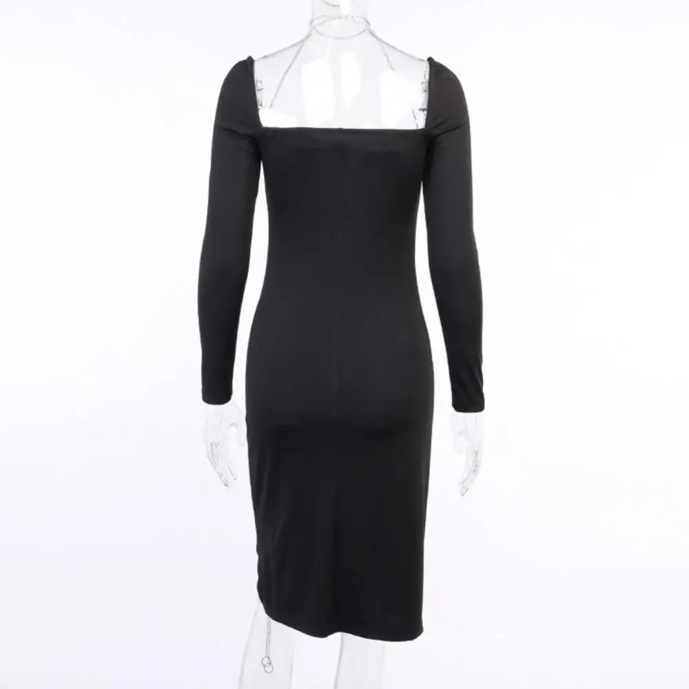 

2021 Bodycon Dress Women Autumn Square Neck Long Sleeve Split Lace-up Chain Hem Midi Halter Dress