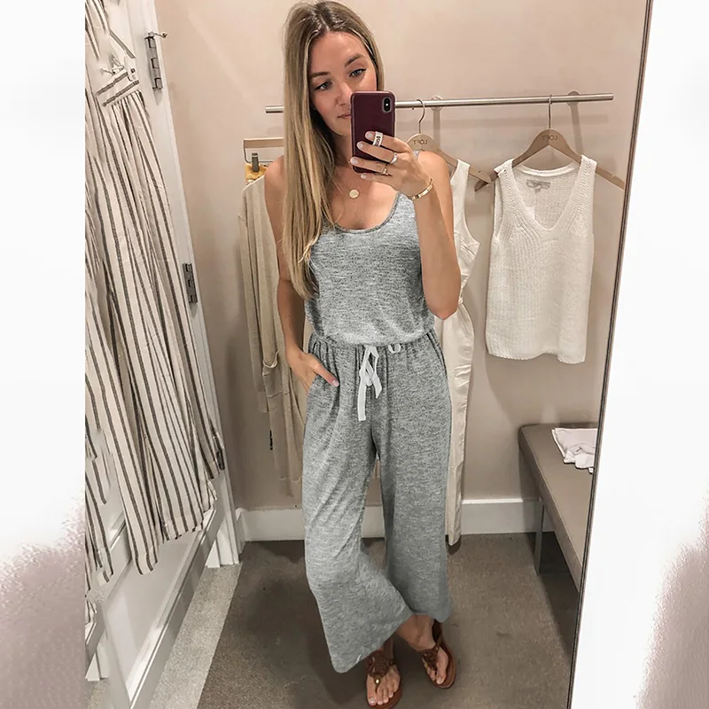 Женский комбинезон однотонный на завязках без рукавов с высокой талией и