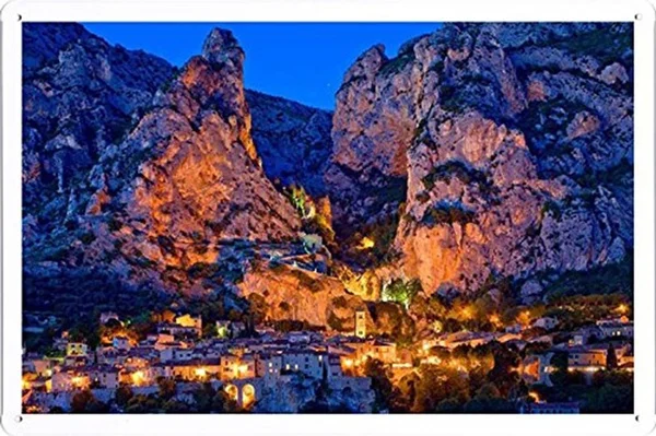 

Tin Sign Poster Lighted Village Nature Scene Painting