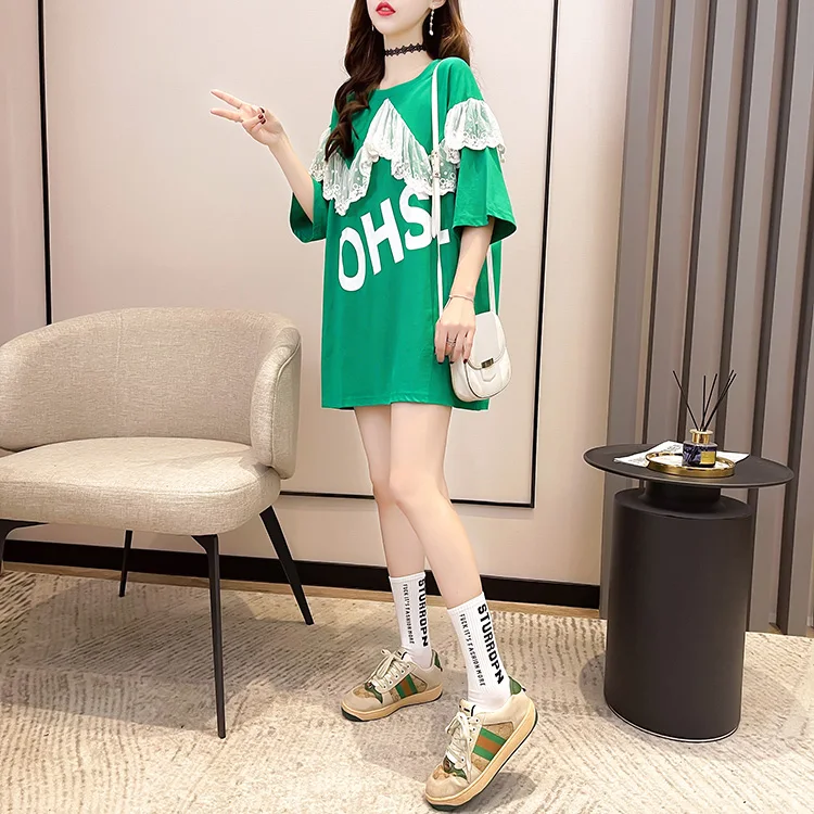 

Houthion Lace Women's T-shirt Cotton Top Plus Size Tshirt Loose Short Sleeves Fashion New Casual Korean O-neck T Shirt