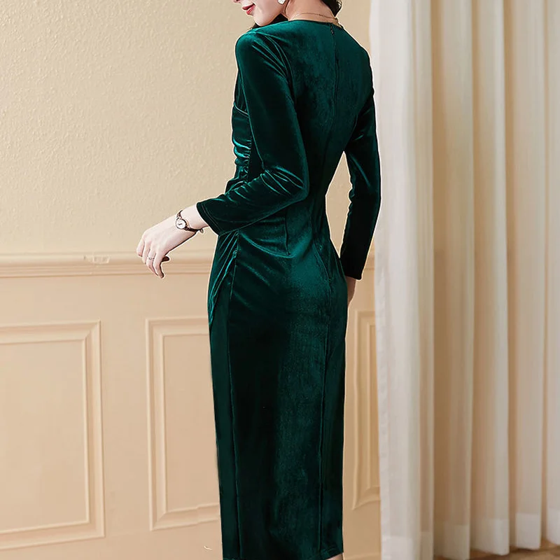 Женское бархатное платье-карандаш с V-образным вырезом и длинным рукавом |
