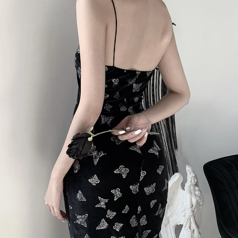 Женское платье на тонких бретелях InsGoth облегающее длинное вечернее без рукавов с