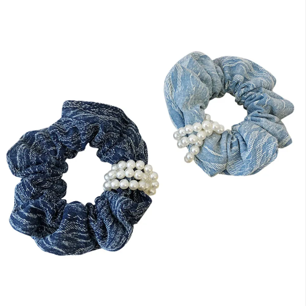

Fashion Hair Accessories Women Denim Pearl Large Intestine Hair Tie Rubber Band Small Fragrant Flower Head Rope Rubber Band Hair