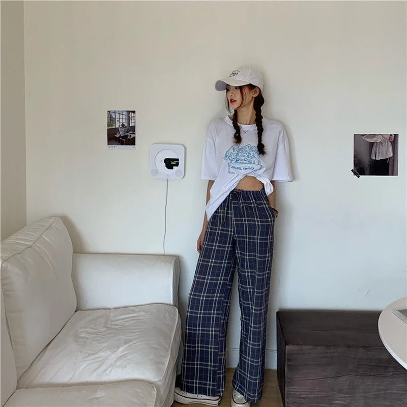 

Women Fall High-waisted Plaid Pants Summer Loose Straight Sweatpants Fashion Ins Women Students New Wide Leg Pants Korean Style