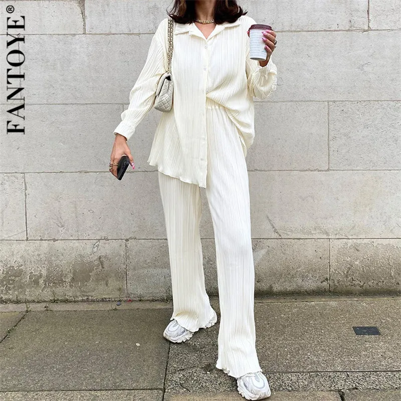 

Fantoye Casual Turn-down Collar Women Two Piece Sets Beige Long Sleeve Single Breasted Sets Ladies Autumn Loose New Sportswear