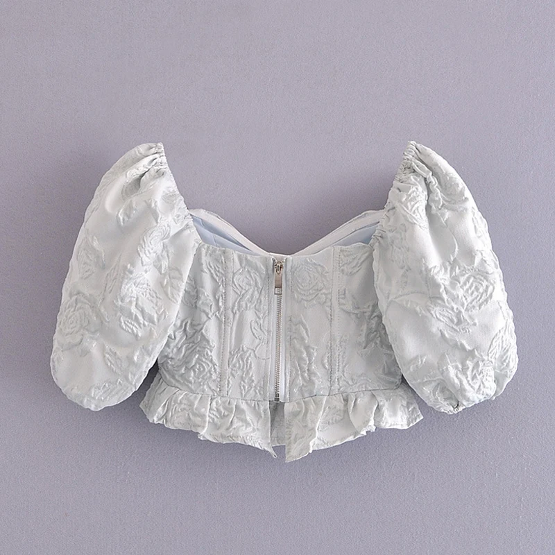 

Летний Новый жаккардовый элегантный короткий облегающий топ в европейском и американском стиле с пышными рукавами