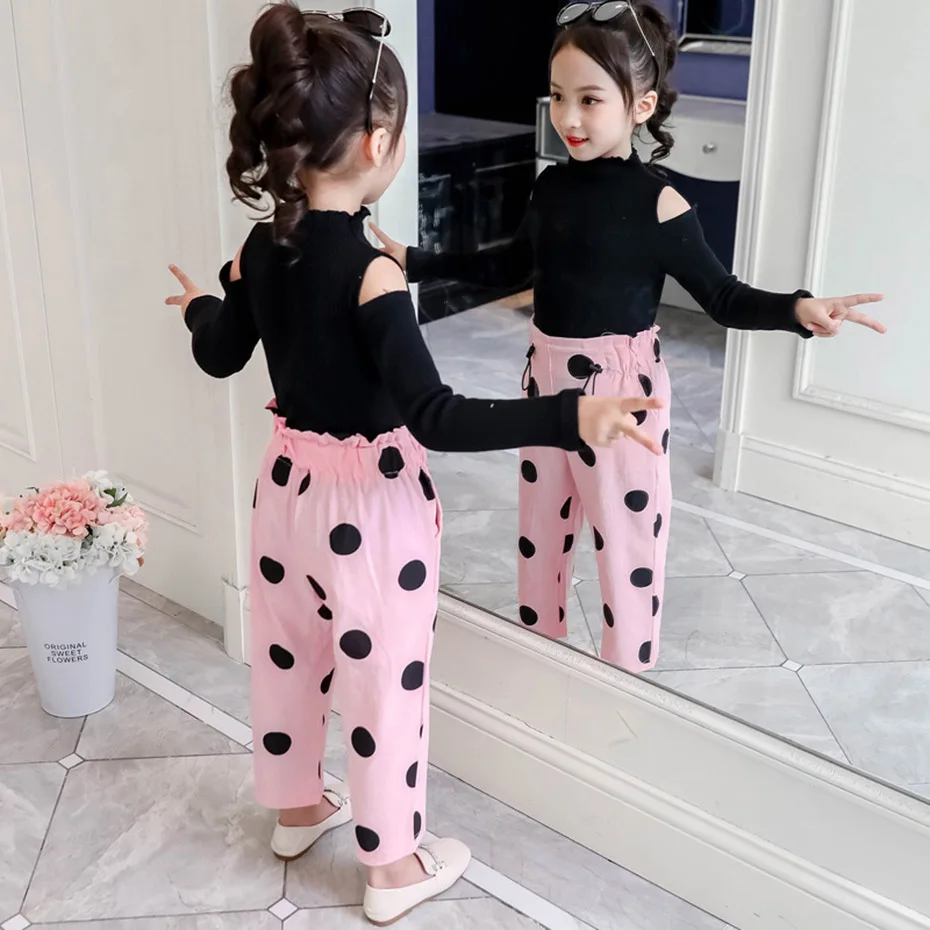 Детская одежда для девочек вязаный свитер и штаны в горошек наряды с открытыми