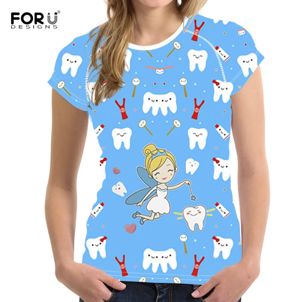 

FORUDESIGNS Cute Cartoon Tooth Design Nurse T-shirts Women's O-neck Shirt Female Casual Tops Cloothing for Women Summer Clothes