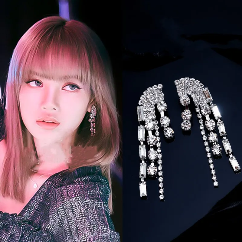 

kpop IU Lee Ji Eun temperament Crystal Pearl Tassel Earrings women Long Geometric Pendant Earrings Wedding Fashion Jewelry Gift