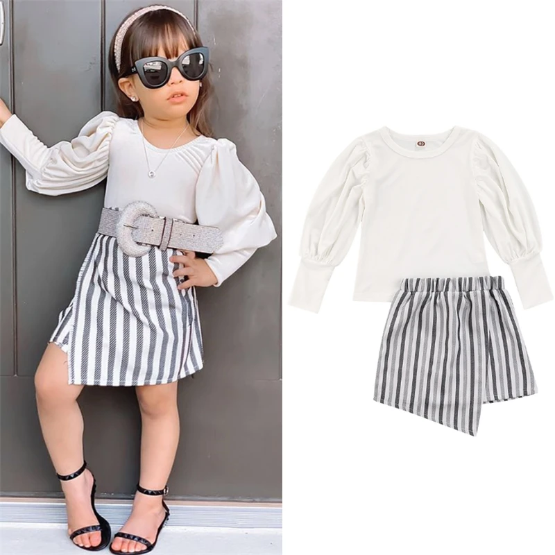 Fashion Autumn Baby Girl Clothes Long Sleeve Round Neck Puff Sleeve Tops High Waist Striped Irregular Hem Half Dress Outfits