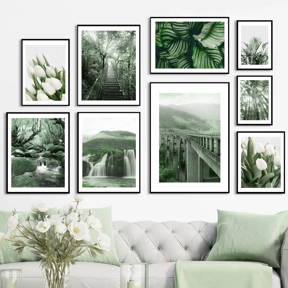 

Wall Art Print Canvas Painting Green Landscape Woodland Flower Tulip Bridge Nordic Poster Wall Pictures For Living Room Decor