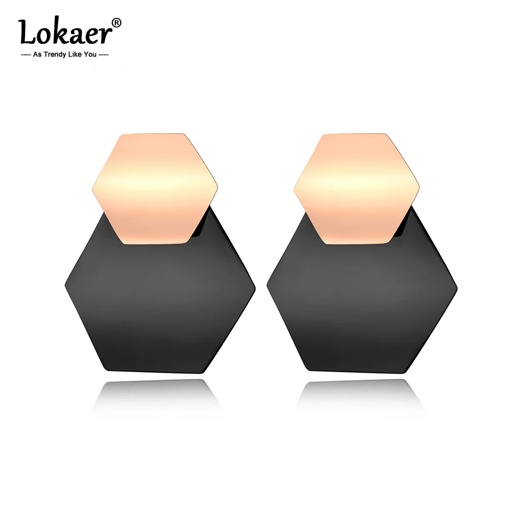 Изогнутые шестигранные серьги Lokaer цвета розового золота с черным покрытием
