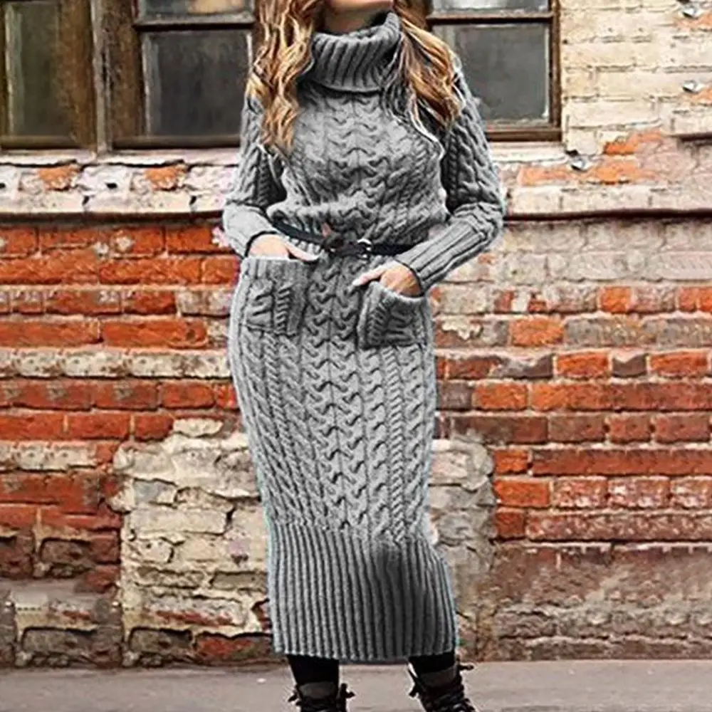 LASPERAL Women Winter Sweater Knitted Long Dress Slim Elastic Turtleneck Sleeve Sexy Lady Bodycon Robe Knit Dresses | Женская одежда