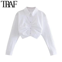 traf women chic fashion pleated cropped white blouses vintage long sleeve button up female shirts blusas chic tops