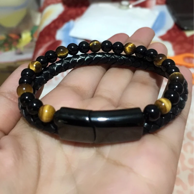 Браслет из натуральной кожи с бусинами тигровый глаз | Украшения и аксессуары