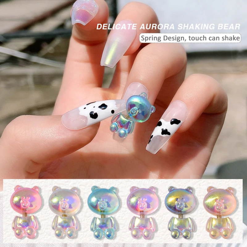 

6pcs Cute Bear Resin Nail Art Decorations 3D Shaking Bear Fashion Nail Ornaments DIY UV Gel Glitter Aurora Manicure Accessories