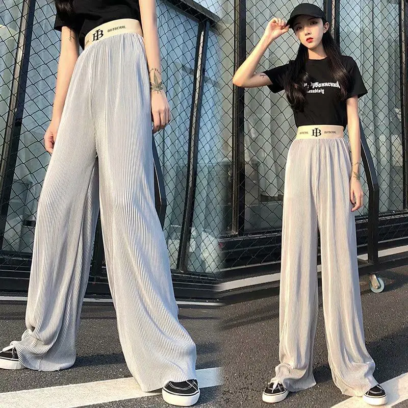 Women High Waist Pants Summer Ice Silk Knitted Straight Trousers Streetwear Loose Casual Long Wide Leg Solid Color Pants Femme