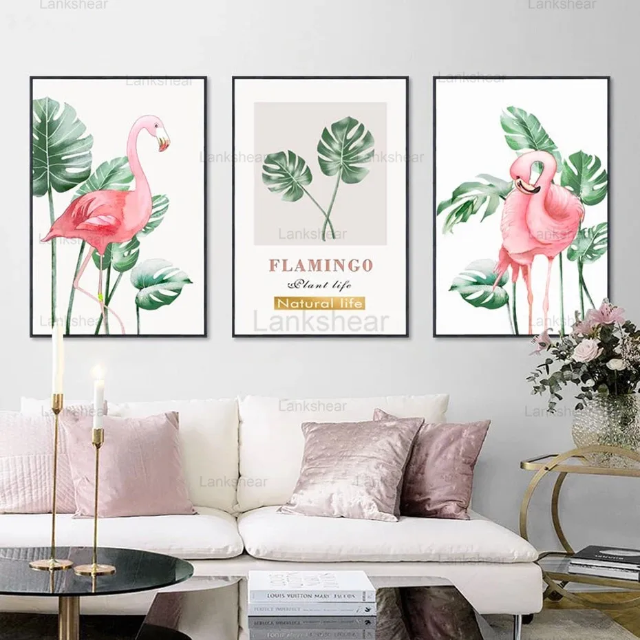 Скандинавская Картина на холсте с изображением розового фламинго и зеленых