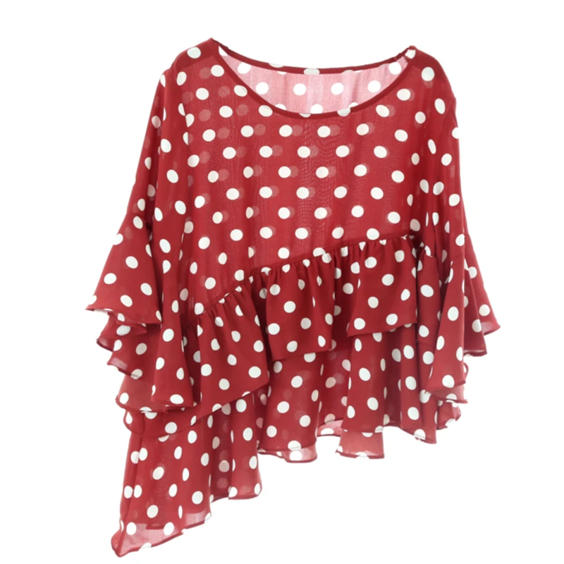 Рубашка женская винтажная с рукавом-фонариком и принтом в горошек | Женская