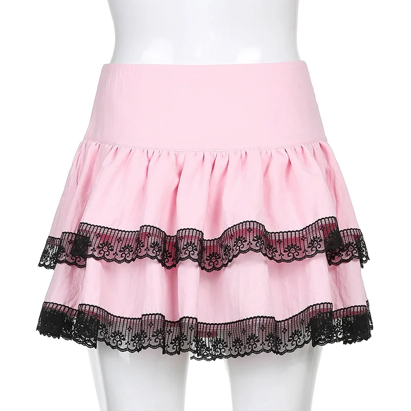 

Pink Goth Aesthetic Cute Mini Skirt Woman Patchwork Lace Kawaii E Girl Clothes Double Layer High Waist Pleated Skirts