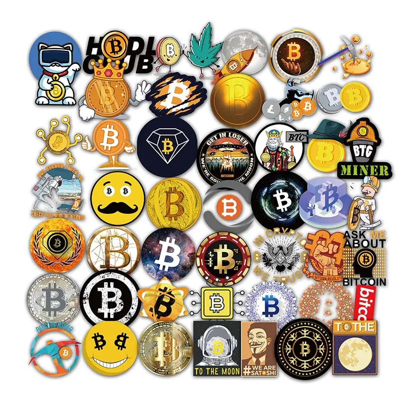 Pegatinas con dibujos animados de Bitcoin BTC para ni&ntilde;os, pegatinas de criptomoneda para ni&ntilde;os, equipaje, port&aacute;til, funda Vsco para monopat&iacute;n, muebles, 10/50 Uds.-1