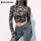 SUCHCUTE с принтом в виде дракона для женщин футболки с рисунками из мультфильмов в готическом стиле эстетическое с высоким, плотно облегающим шею воротником, женская рубашка с длинными рукавами на осень, одежда для прогулок, обтягивающие Топы