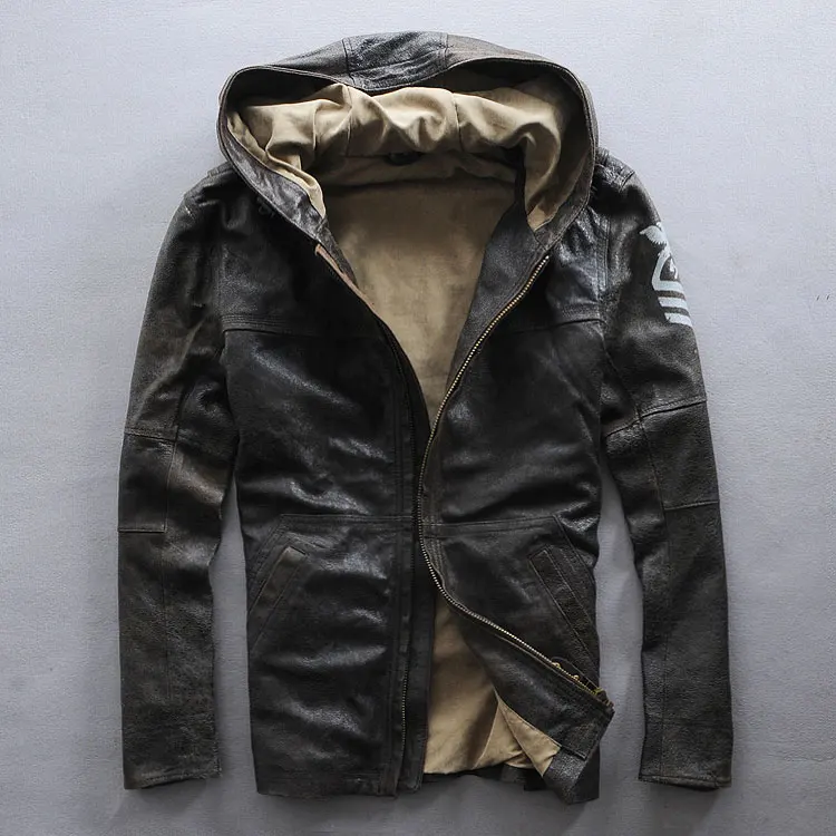 

new hooded genuine leather sheepskin flight black casual pilot jacket autumn windbreaker men brown coat