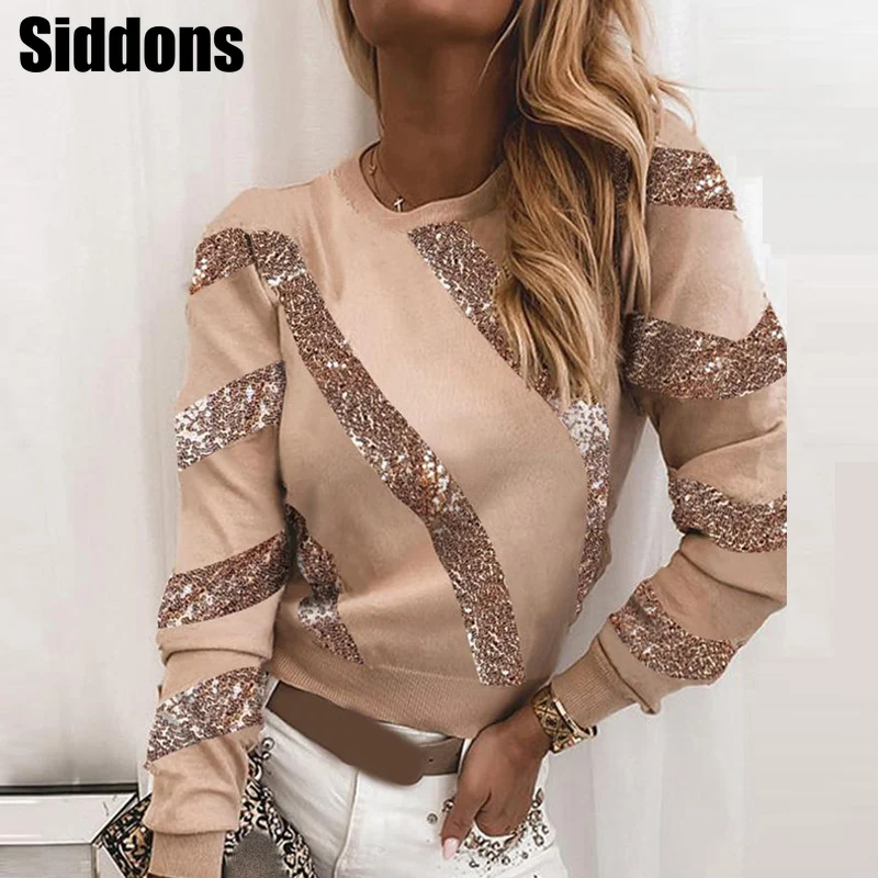

Women Elegant Long Sleeve Sequin Blouses Shirt Autumn Casual O-Neck Pullover Tops Office Lady Blusa