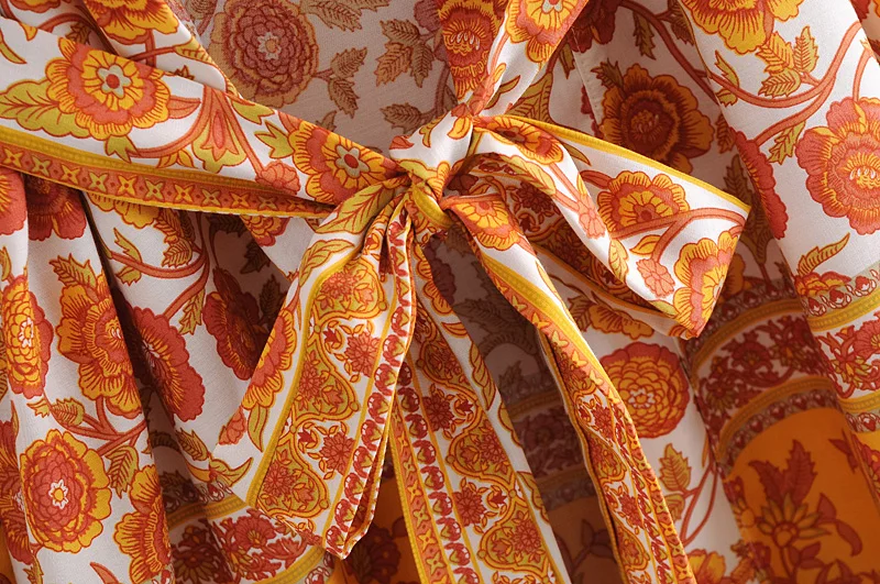 Бохо винтажный желтый цветочный принт пояс Женский богемный V-образный вырез