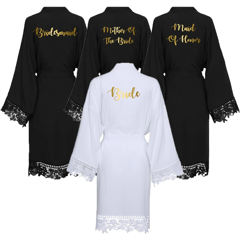 Owiter 2019 Black Solid Cotton Kimono Robes w/ Lace Trim Women Sexy Wedding Bridal Robe Short Belt Bathrobe Sleepwear White Gown