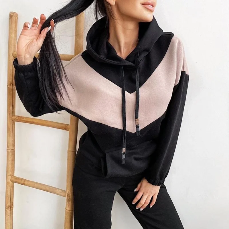 

Hooded Drawstring Autumn Winter Women Contrast Color Sweatshirt Pockets Pants for Sports Women Set Sweatshirt Hoodie Pants Set