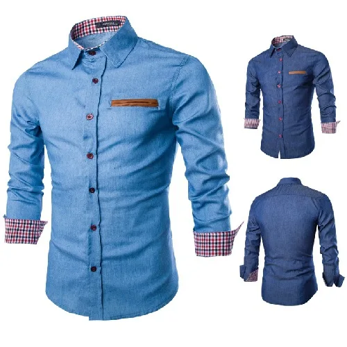 

Eu Size Denim Shirt Long Sleeves Match Leather Color Contrast Men Long Sleeve Shirt