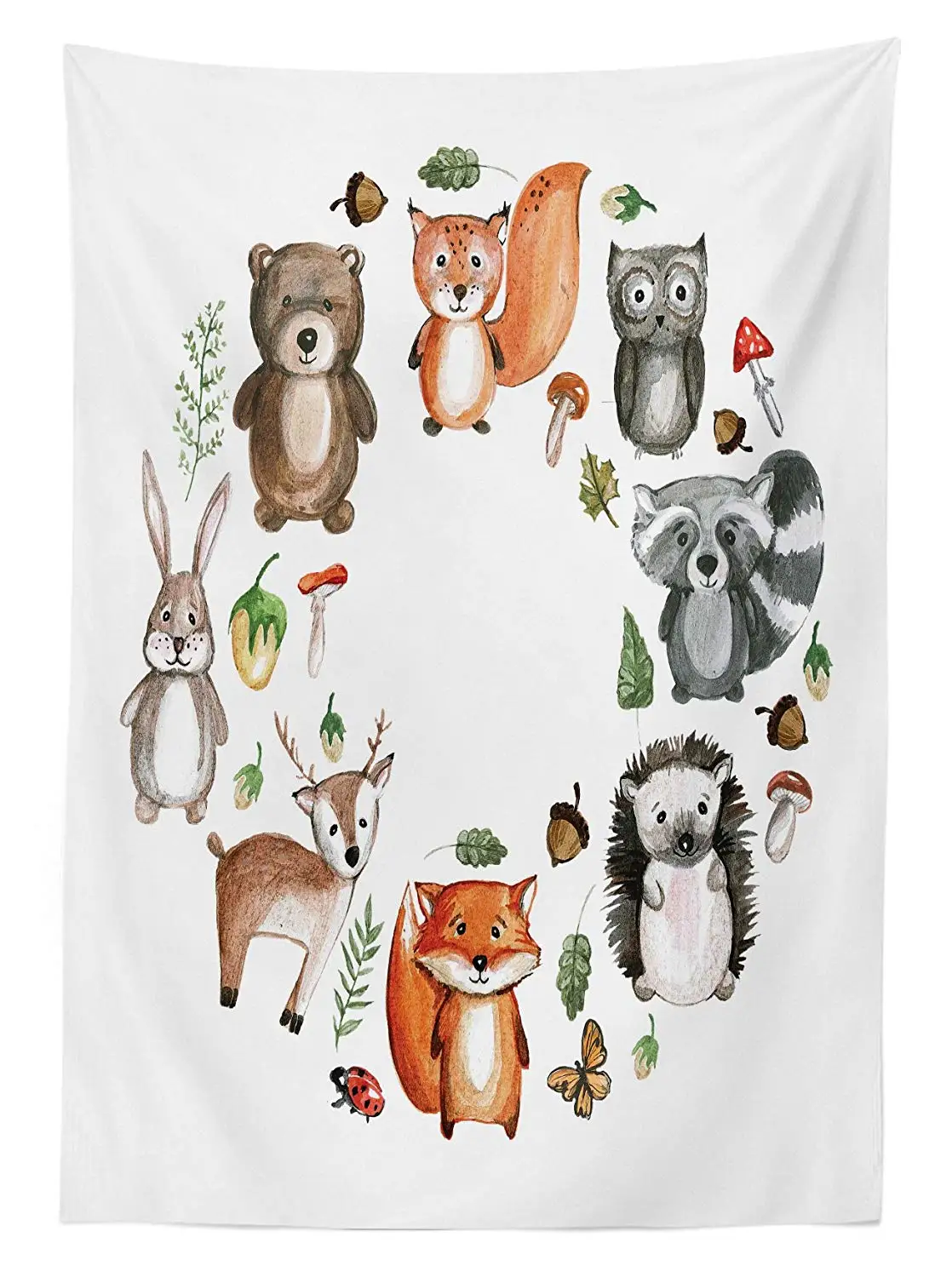 Woodland Tablecloth Animals Forest Mushrooms Acorns Circular Cartoon Pastel Colors Dining Room Kitchen Table Cover | Дом и сад