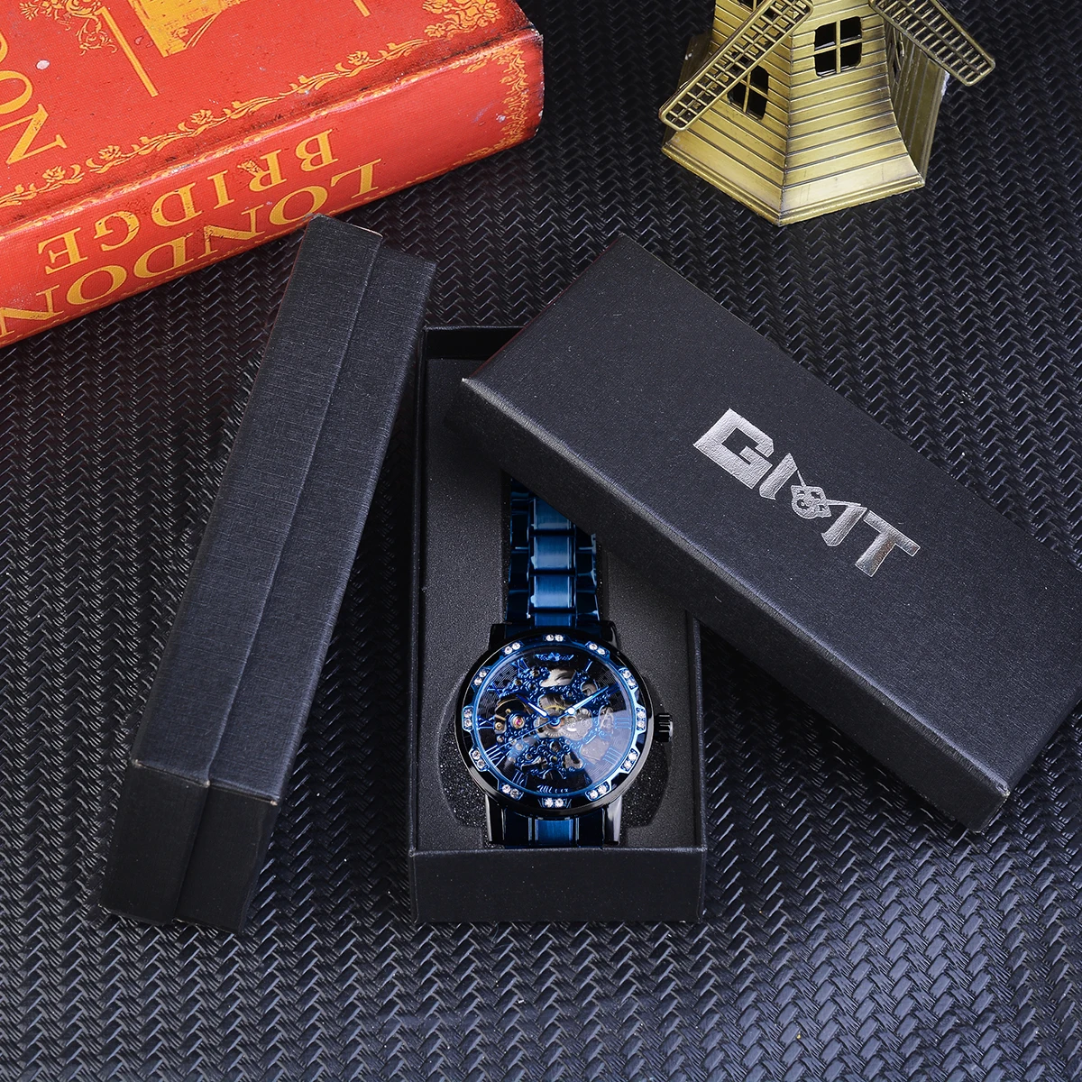 Winner Transparent Diamond Mechanical Watch Blue Stainless Steel Skeleton Watch Top Brand Luxury Business Luminous Male Clock images - 6