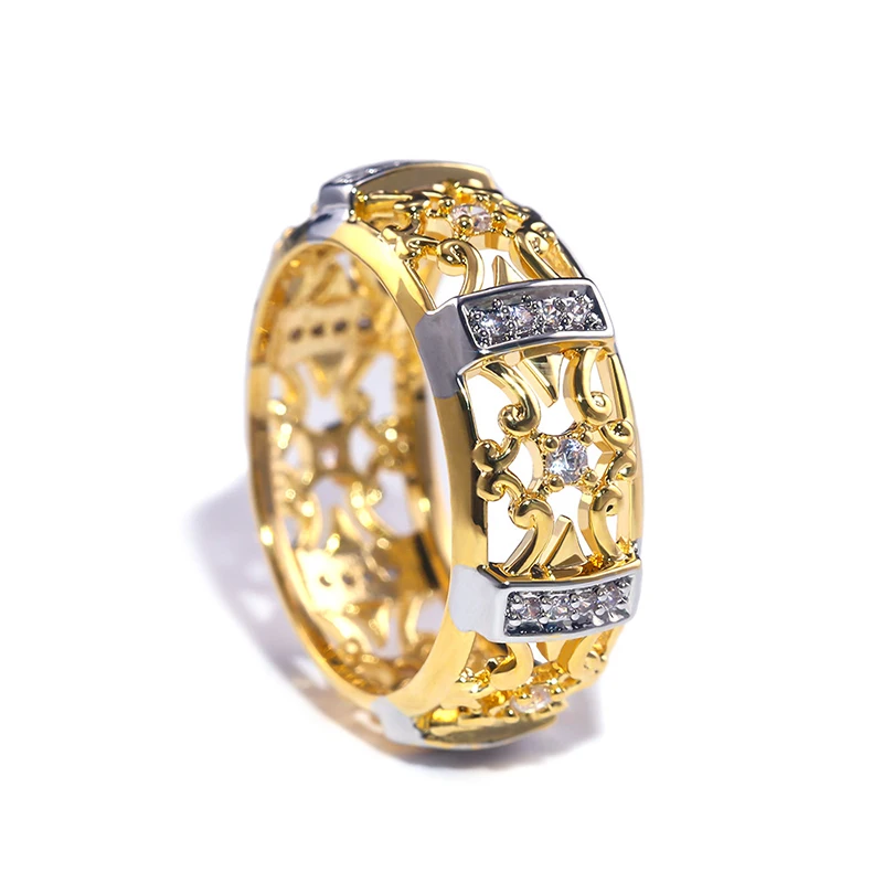 

Ethnic Hollow Out Design Tow Tone Rings For Women White Cubic Zircon Stone Inlay Retro Elegant Wedding Banquet Jewelry Gift Ring