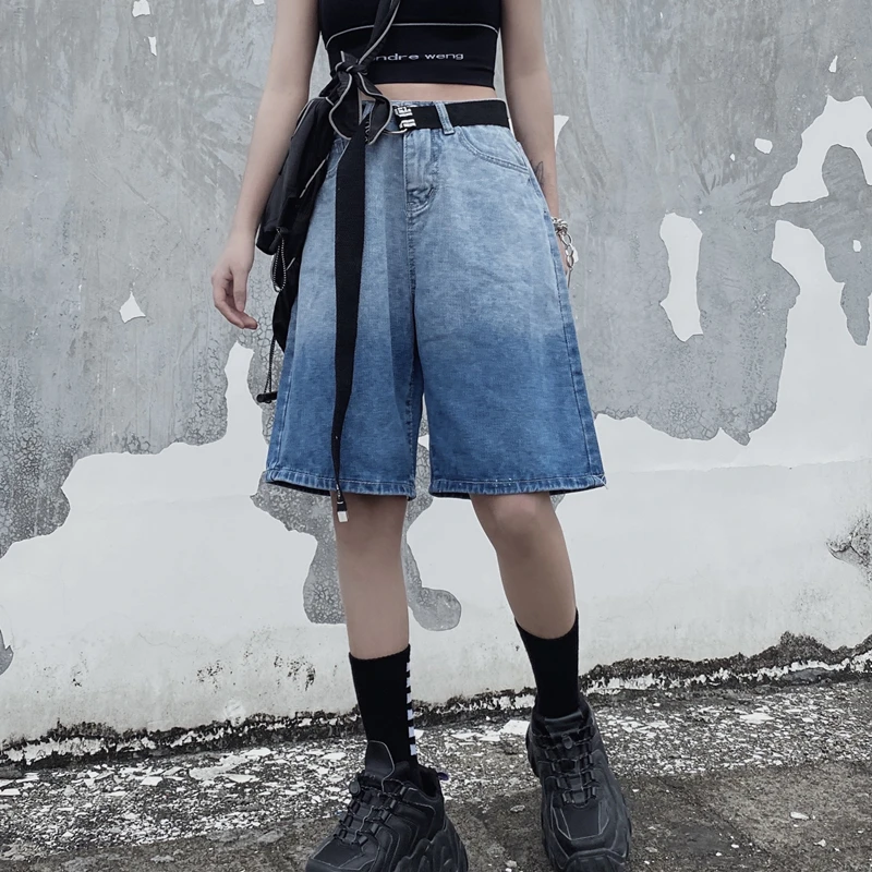 

Harajpoo Women Pant 2021 Summer Korean INS Trendy Hip-Hop Harajuku BF Style High-Waist Straight Wide-Leg Casual Five Point Jeans