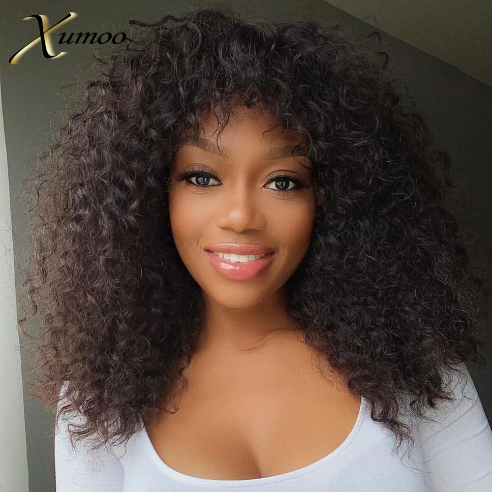 

XUMOO Brazilian Hair Wig Black Color Full Machine Made Wig Curly Human Hair Wigs With Bangs None Lace Wigs For Black Women