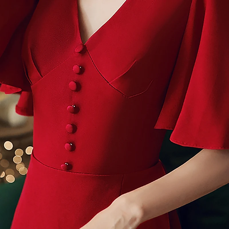 

Party Dresses Women Burgundy Ruffles Botton V-neck Half Sleeves Tea-length Plus size Vintage Customized Zipper Formal Dress A070