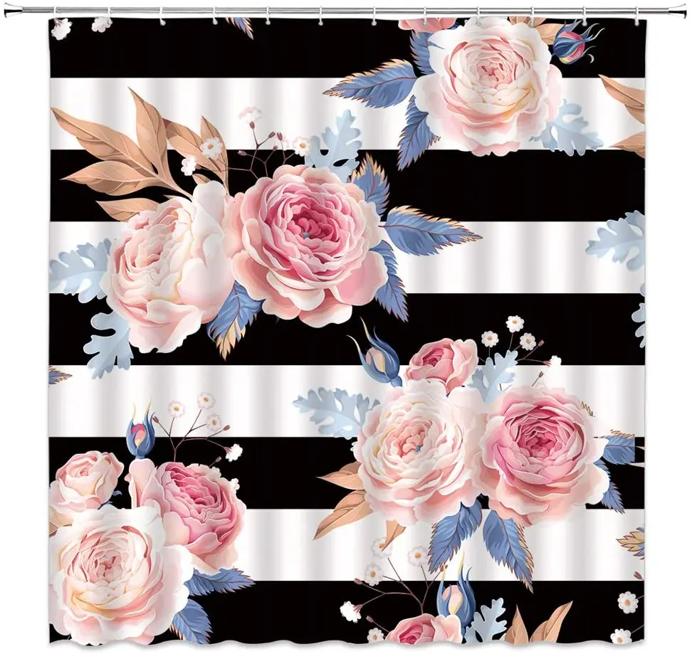 

Flower Shower Curtains Black White Striped Floral Bathroom Decor Polyester Fabric Home Bath Cloth Hanging Curtain Set