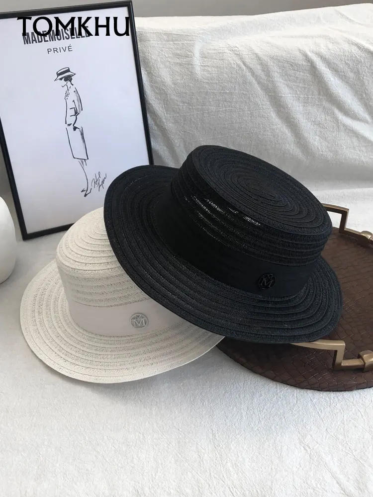 

TOMKHU Summer Women White Ribbon M Letter Round Flat Top Straw Beach Hat Boater Sun Caps Wide Brim M Panama Hat Lady's Fedoras