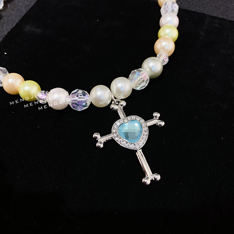 

Statement Colorful Pearl Beads Choker Cross Blue Crystal Pendant Necklace For Women 2021 New Fashion Jewelry Personality Collare