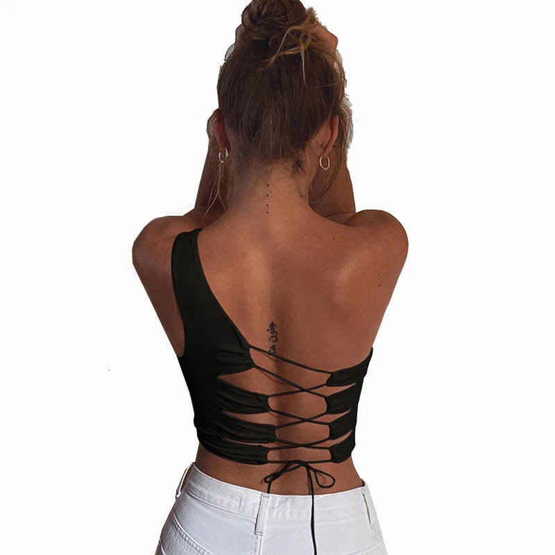 

One Shoulder Solid Bandage Hollow Out Tank Top Summer Women Fahsion Sexy Party Club Outfits Vest