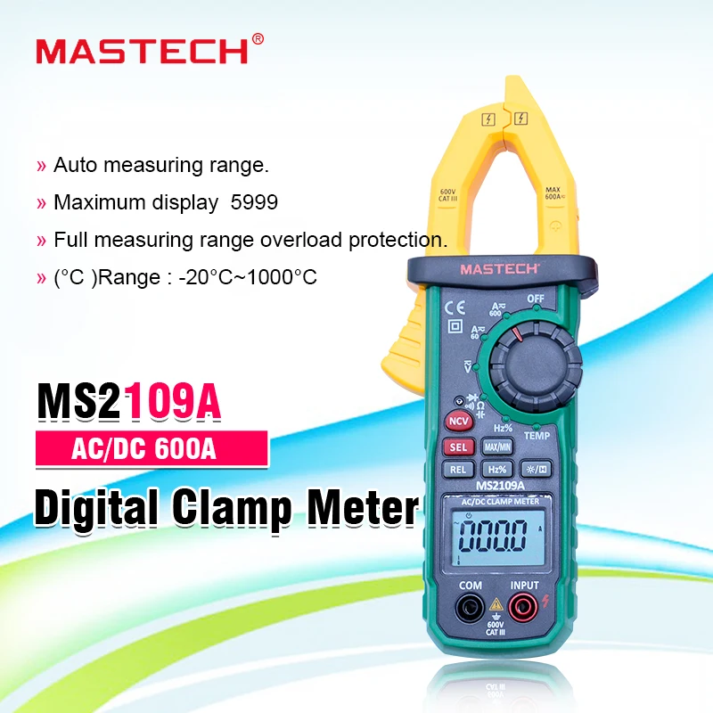 

Цифровой измеритель-зажим MS2109A, мультиметр с автоматическим выбором диапазона, 600 А, для измерения напряжения, силы тока, Ом, Гц, температуры ...