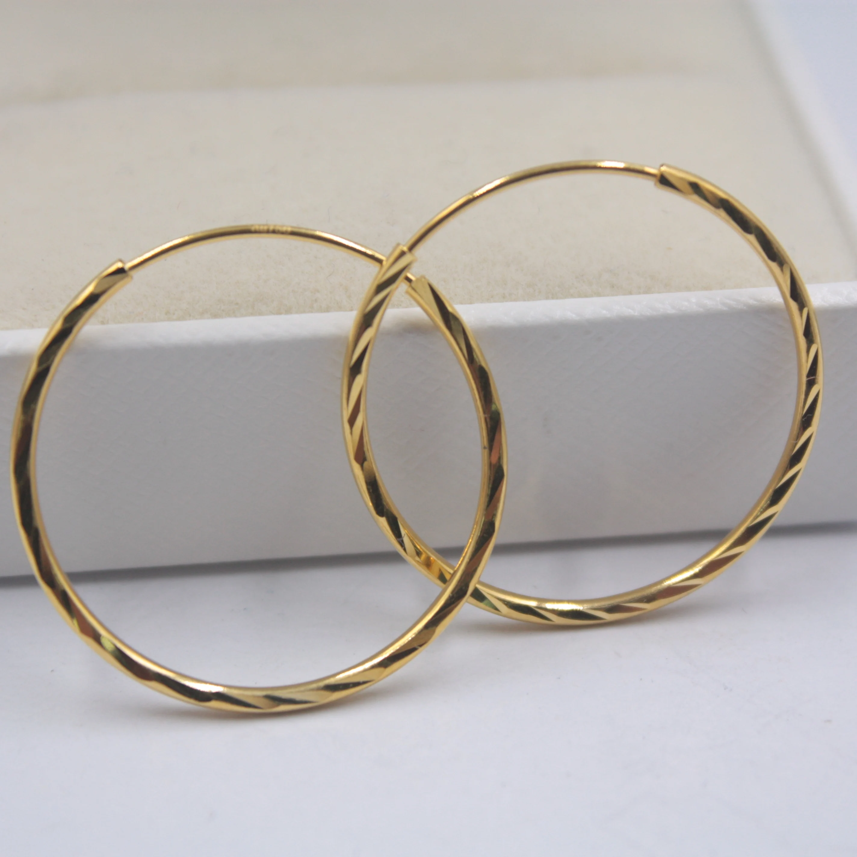 Настоящее 18K желтое золото серьги идеальная резная линия женский большой обруч 24