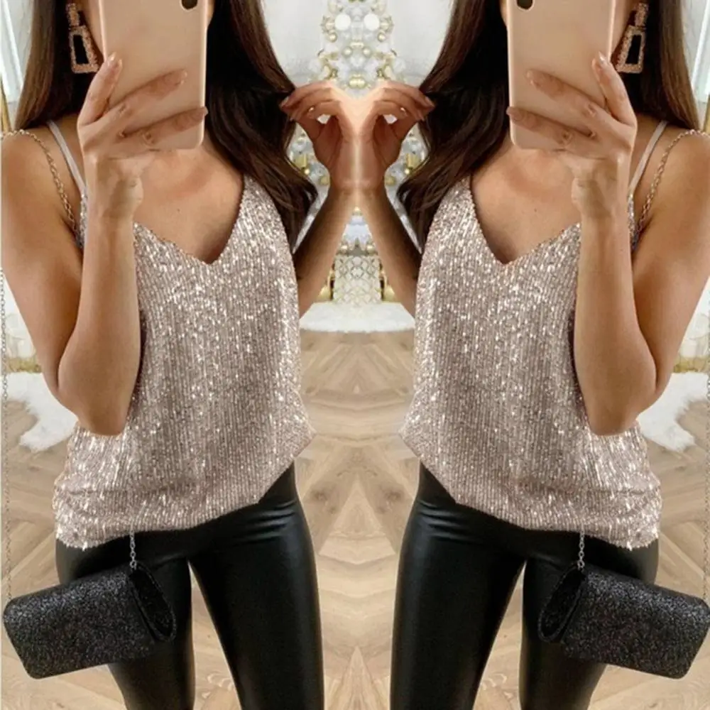 

Летняя модная блузка с блестками на ремешках, Женский Повседневный сексуальный жилет, женские топы, женская рубашка без рукавов, блузы, Майк...