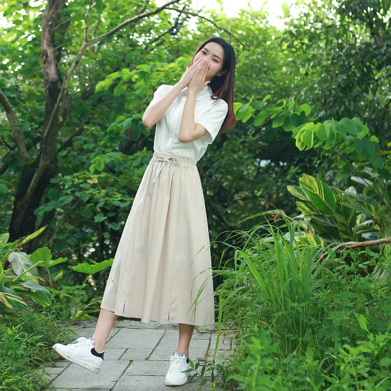 

Women Spring Autumn Skirts Mori Girls Cotton Linen Elegant High Waist Elastic Long Skirt Pleated A-line Chic Saias For Female