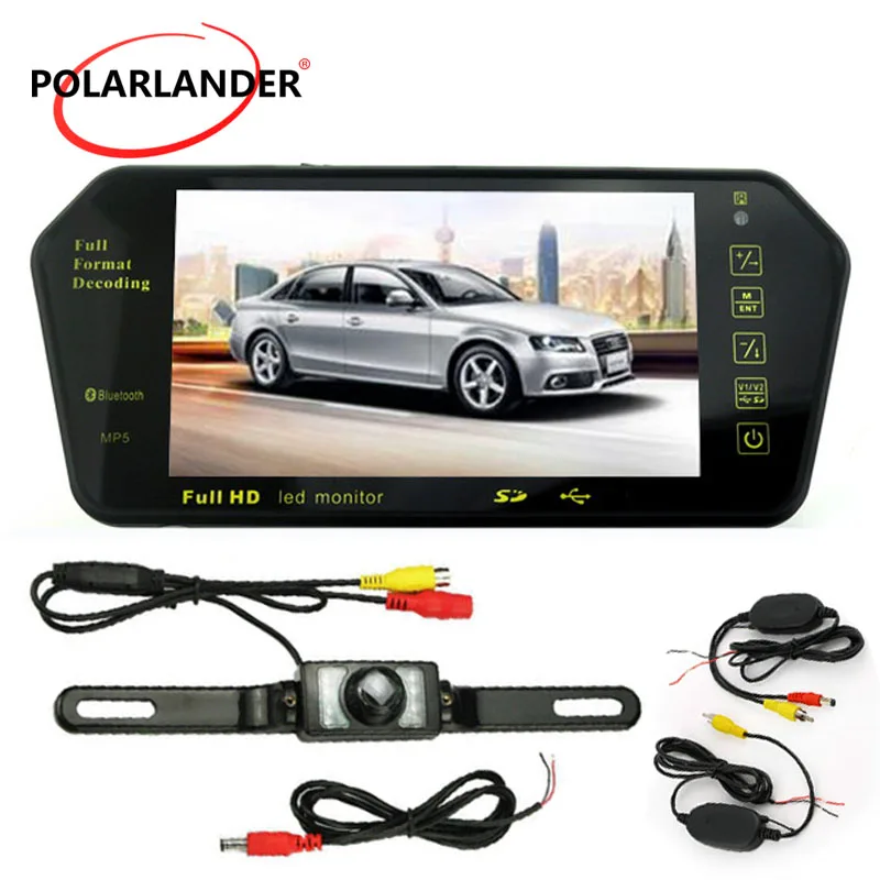 

wireless 7" inch bluetooth TFT car mirror Monitor mp5 Two AV IN with 7 LED night vsion Rearview parking Camera kit