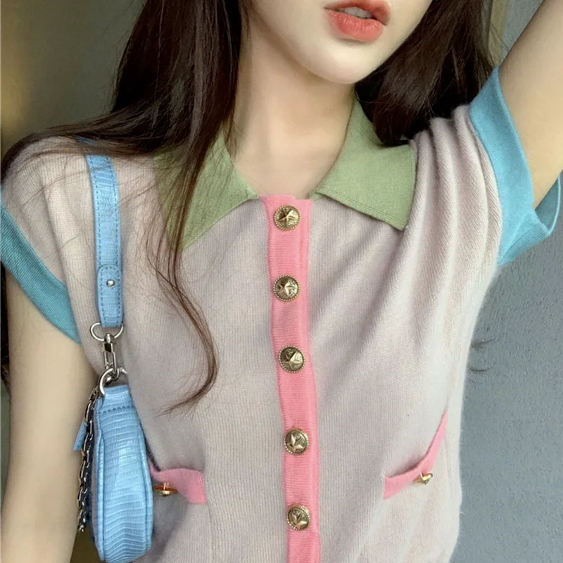 

Cardigans Women Patchwork Button Turn-down Collar Summer Knitting Leisure Trendy Harajuku All-match New Arrival Streetwear Mujer