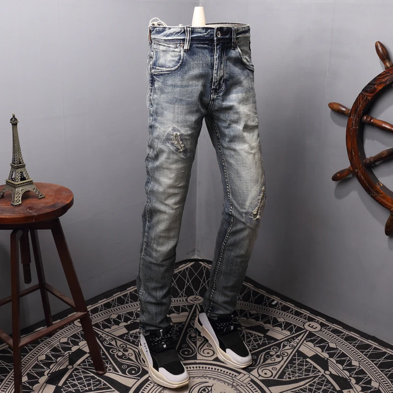 Итальянский стиль модные мужские джинсы Ретро синие потертые рваные эластичные