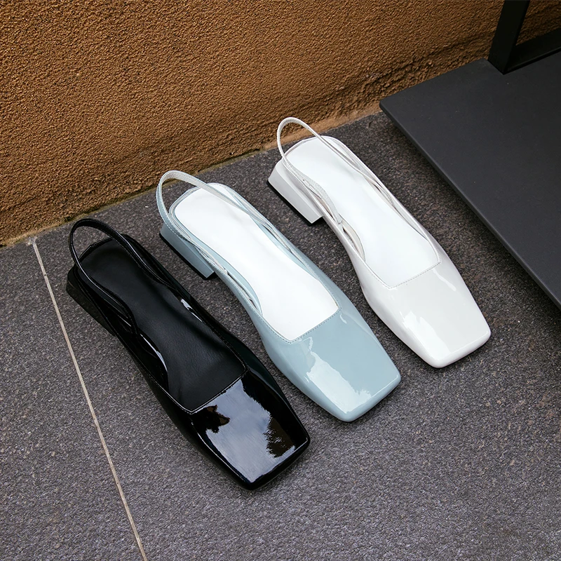 

New Genuine Leather Women Shoes Square Heels Square Toe Ladies Sling Shoes Summer Shallow Sandals for Women Pumps